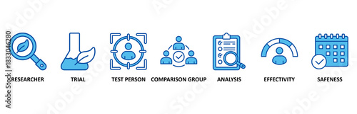 Clinical study banner web icon set In Blue Style vector illustration forclinical trial research with an icon of researcher, trial, test person, comparison group, analysis, effectivity, and safeness