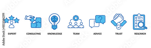 Expertise banner web icon set In Blue Style vector illustration for representing high-level knowledge and experience with an icon of expert, consulting, knowledge, team, advice, trust, and research