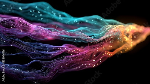 Multicolor Neon Silk Wave with Glowing Particles on Black - Perfect for AI, Music Visualizer, Album Covers, Tech Presentations, Metaverse, Luxury Branding and Premium Corporate Designs