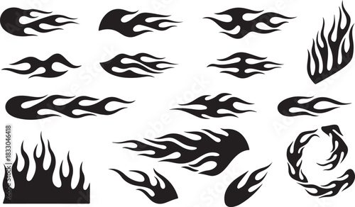 Flame decal. Fire abstract black silhouette flames for race car or tattoo. Tribal flame hotrod car vinyl decals and motorcycle airbrush stencil. Burning element vector set black and white