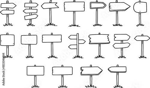 Hand drawn road sign. Doodle wooden signpost, sketch street direction pointer. Blank signboard with arrow vector isolates set  vector art and illustration