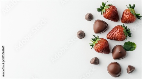 Overhead shot of fresh strawberries and chocolate candies arranged on a white surface, creating a visually appealing composition.