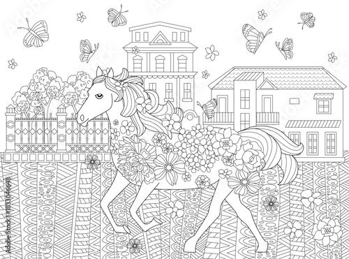 coloring book page for adults and children summer cityscape with a racehorse in flowers and butterflies. horse sign of chinese new year 2026