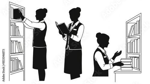 Librarian Silhouette Vector Set — Placing Book, Reading, Arranging Shelves, Assisting Patron, Library Worker Illustration

