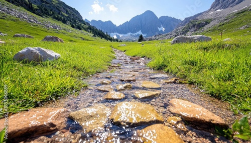 A stream flows through a lush green meadow, with rocky banks and a path of stones. Mountains rise in the background under a bright blue sky, suggesting a sunny