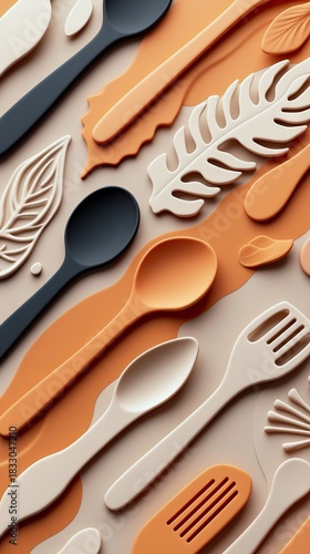 An overhead shot of various kitchen utensils, including spoons, forks, and leaf shapes, arranged in a visually appealing composition on a neutral background.