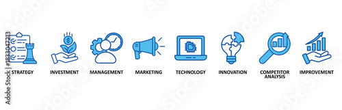 Business development banner web icon set In Blue Style vector illustration foricon of strategy, investment, management, marketing, technology, innovation, competitor analysis, improvement