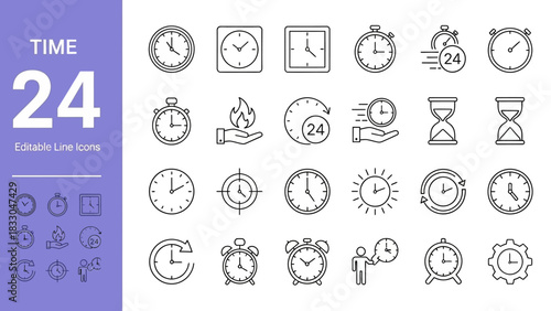 Collection of Editable Line Icons Representing Various Time Concepts and Scheduling for Modern Digital Interfaces, Perfect for Web and App Design