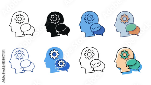 Thinking Process and Communication Icon Set Conceptual Gears, Speech Bubbles, Brain Illustration