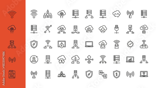 Set of Minimalist Network and Server Icons WiFi, Cloud, Data, Protection, and More