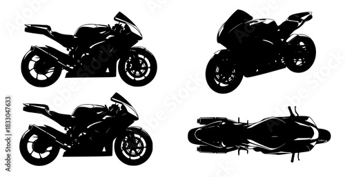 black vector silhouette of a sport motorcycle and rider on an isolated background for transport illustration