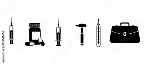 set of medical tools, including injection medicine bottle 