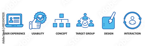 User interface design banner web icon set In Blue Style vector illustration foricon of user experience, usability, concept, target group, design and interaction