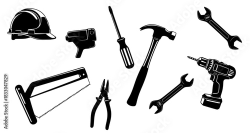 set of mechanical tools silhouettes