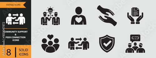 8 Community Support and Peer Connection Icons solid icon set.eps. Solid peer connection icons for community support and interaction