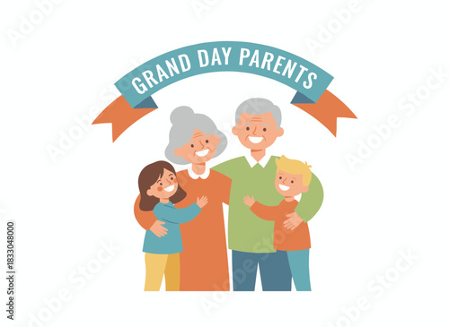 A graceful senior couple hugging their grandchildren, depicted in a cheerful portrait of the grandmother, grandfather, and granddaughters, rendered as a vibrant flat cartoon vector illustration for a
