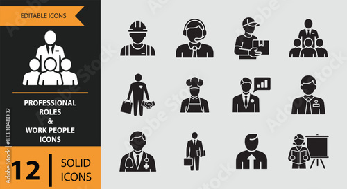 12 Professional Roles and Work People Icons solid icon set.eps. Solid work people icons for job roles and professions