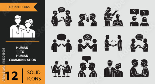 12 Human to Human Communication solid icon set.eps. Solid communication icons for direct human interaction and messaging
