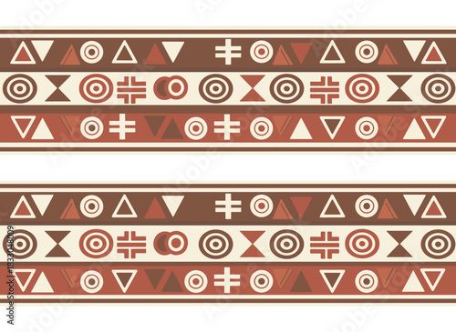 A seamless background featuring an ethnic tribal pattern infused with folk African elements, a repeating texture design with ancient ornaments and shape motifs rendered in a modern doodle style