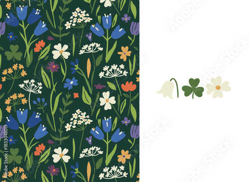 A natural, realistic illustration of a beautiful horizontal botanical backdrop featuring romantic wildflowers in bloom, summer meadow herbs, and herbaceous plants