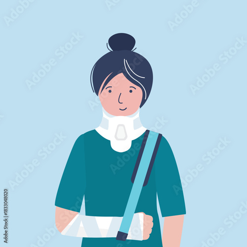 Neck brace used to treat cervical spine problems. Portrait of woman with trauma, broken neck and arm. Happy girl in cast hand and neck collar.