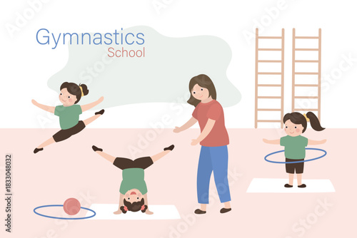 Gymnastics school, little girls in various poses. Children with teacher or coach doing exercises in gym. Girls skipping, with hula hoop, standing on hands.