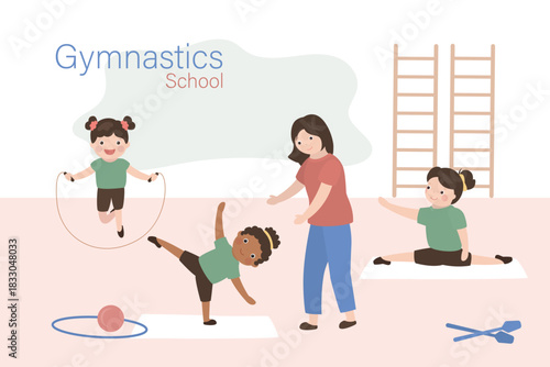 Gymnastics school, little girls in various poses. Rhythmic gymnastic, Multi ethnic kids with teacher or coach doing exercises in gym. Girls skipping, jumping on rope