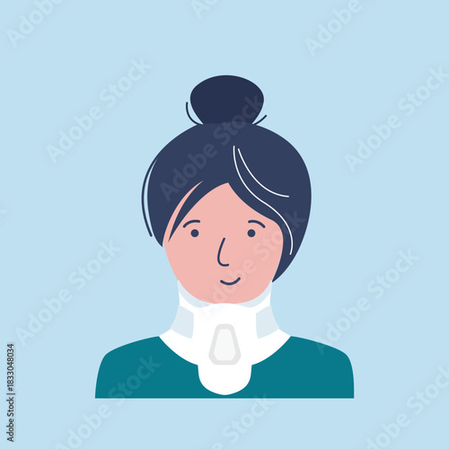 Neck brace used to treat cervical spine problems. Portrait of woman with trauma, broken neck. Happy girl in cast neck splints collar. Social security and health insurance concept