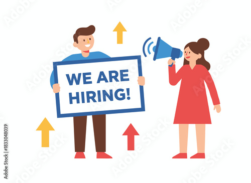Male and female HR managers announce a vacancy, holding a placard that reads “We are hiring” and speaking into a megaphone in a flat vector illustration, depicting headhunting, recruitment, or