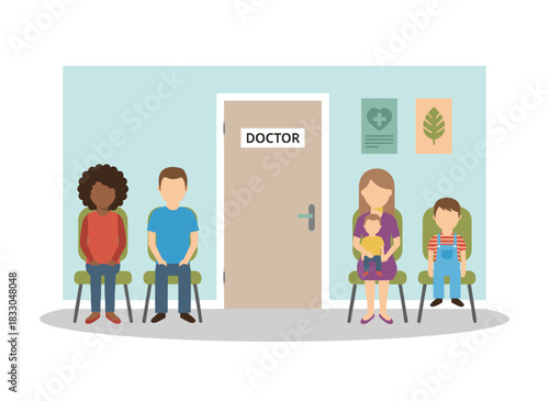 Illustration of smiling cartoon people—a man, a woman, and a child—sitting on chairs in a modern clinic, waiting for a doctor’s appointment, rendered in colorful vector flat style