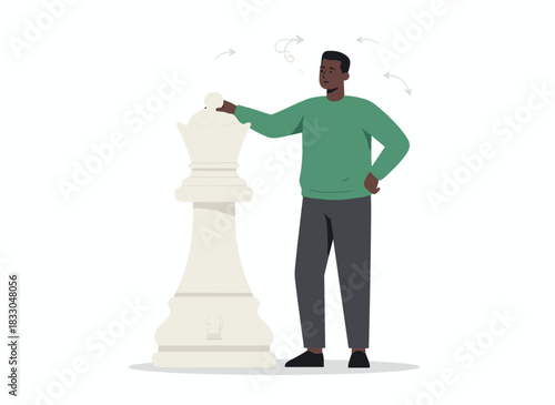 An intellectual figure paired with a large chess piece symbolizes business strategy, career challenges, and achievement concepts, while a cheerful, intelligent man exudes power and authority, all