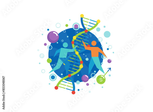 Illustration shows researchers holding flat DNA molecules, while men and women study cartoon characters of genetic engineering, exploring genome mutations, chromosome structures, and gene