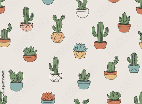 A contemporary seamless design featuring hand‑drawn succulent outlines against a gray backdrop, depicting desert plants in clay pots and glass vivariums, suitable for wallpaper, backdrop, or fabric
