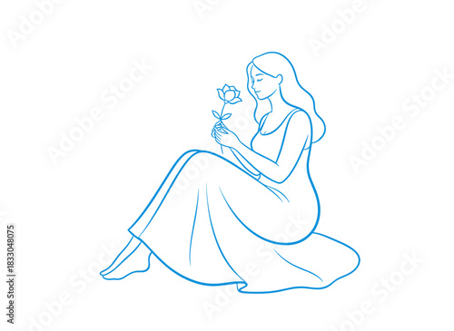 A stylish modern poster in Matisse-inspired style featuring a blue silhouette of a woman seated and smelling a flower, presented as a flat colored vector illustration against a white background