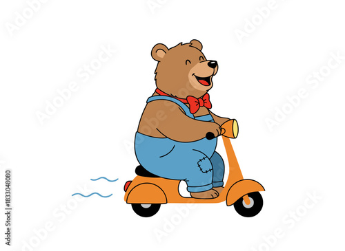 A cheerful, adorable bear joyfully rides a kick scooter, depicted as a funny teddy animal rider in a playful, positive baby character, rendered in a childlike flat vector illustration of a comic