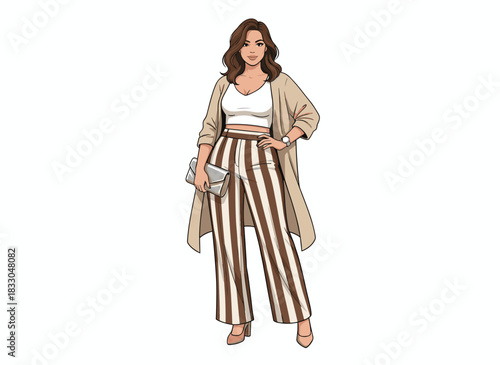 A curvy, plus‑size woman in stylish attire, complete with purse and accessories, depicted as a flat vector illustration on a white background