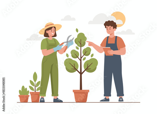 People caring for a tree, pruning it with scissors, while a couple of men and women work with plants in a garden, volunteers collaborating together, all depicted as a flat vector illustration on a