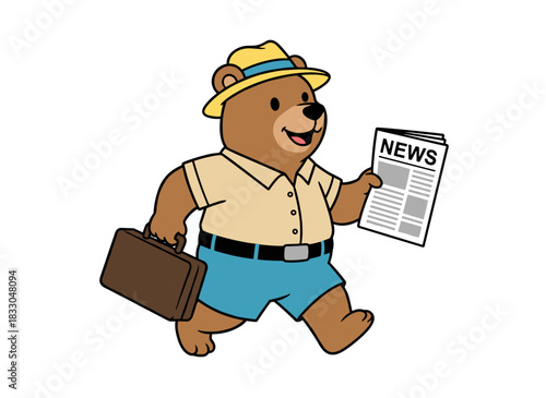 A cute tourist bear hurries with a map or ticket and luggage in a flat vector illustration, a funny wild animal rushing while carrying baggage, isolated on a white background, depicting a childlike