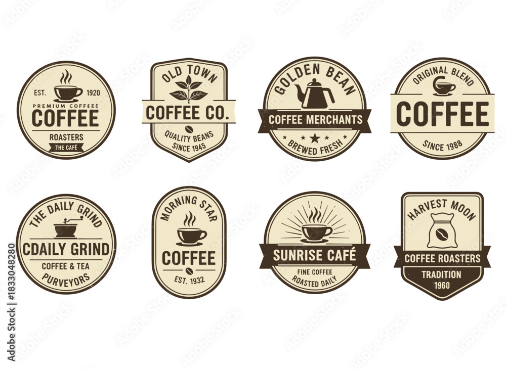 Obraz premium A collection of coffee labels featuring various logos, badges, and emblems on a white background, rendered in black and white illustrations