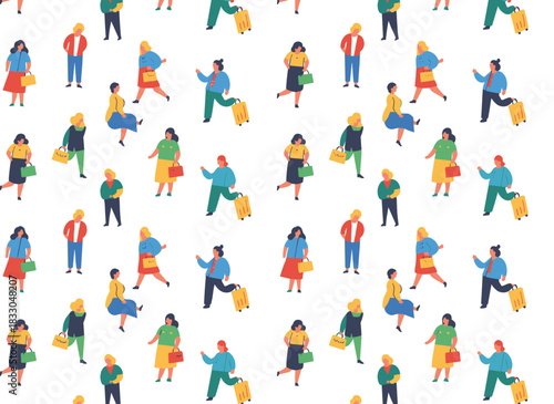 A pattern depicting busy people, with a seamless background of characters rushing and running across various businesses, repeating the image of an active crowd in a modern hectic life, rendered as a