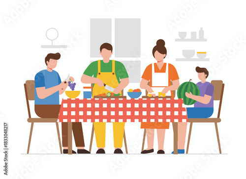 A cheerful family illustration shows relatives cooking and sharing fruit in a flat vector style, with a smiling grandparent, children, and grandchild enjoying healthy food in a bright white kitchen
