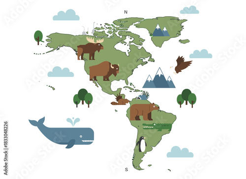 North American wildlife, featuring adorable wild mammals and diverse fauna across the continent, from polar bears and bison to eagles and crocodiles, depicted in a childlike flat vector style