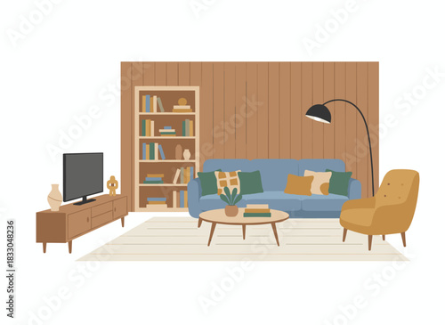 Hand‑drawn, monochrome sketch of a stylish Scandinavian living room, fully furnished and outlined with contour lines, illustrating modern home interior design