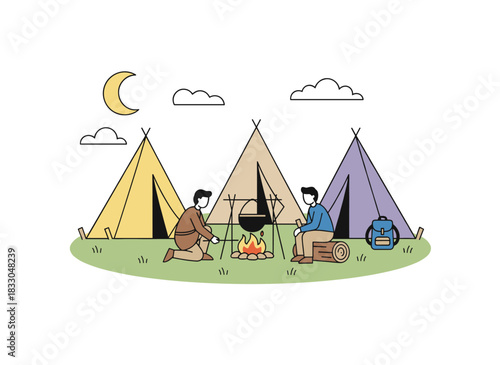 A flat vector illustration shows a couple cooking over a campfire in tents, while friends relax at the campsite during a summer vacation and tourists rest amid a holiday adventure against a white