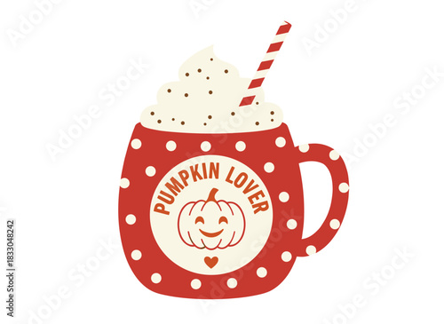 A flat vector illustration of a homemade pumpkin‑spice latte, a tasty cappuccino with marshmallow and candy cane set against white, a hot sweet fall beverage in a red cup, and a mocha drink in a mug