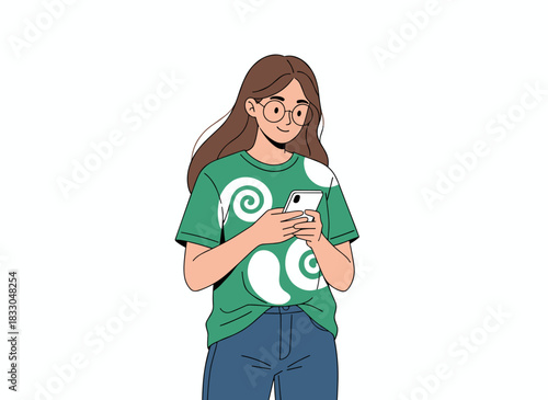 A young woman in glasses holds her smartphone, using it to read online and surf the internet, illustrated as a flat vector image on a white background