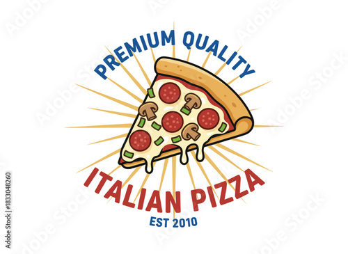 Stylish logo featuring a pizza slice surrounded by radial rays on a white backdrop, hand‑drawn vintage vector illustration suitable for an Italian gourmet or fast‑food delivery brand