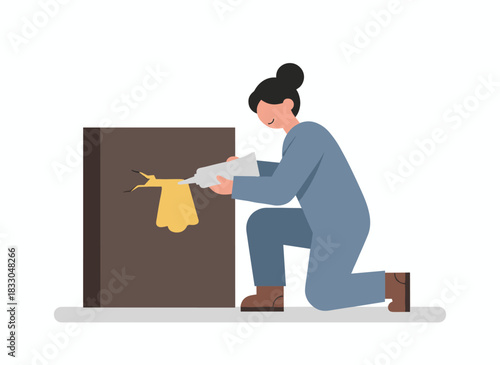 A creative individual seeks and explores the new and unknown, a curious woman hunting for hidden opportunities and secrets, embodying curiosity and creativity, depicted as a flat vector illustration