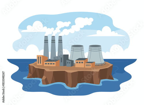 Flat vector illustration on a white background depicting air pollution, environmental contamination, and ecological concepts, with toxic smoke from factories and power plant chimneys, illustrating