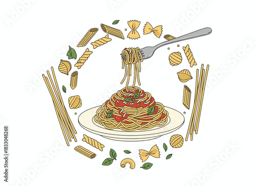 A hand‑drawn collection of various pasta types—spaghetti, macaroni, fusilli, farfalle, ravioli, tortiglioni, and penne—depicted in a black‑and‑white vector illustration